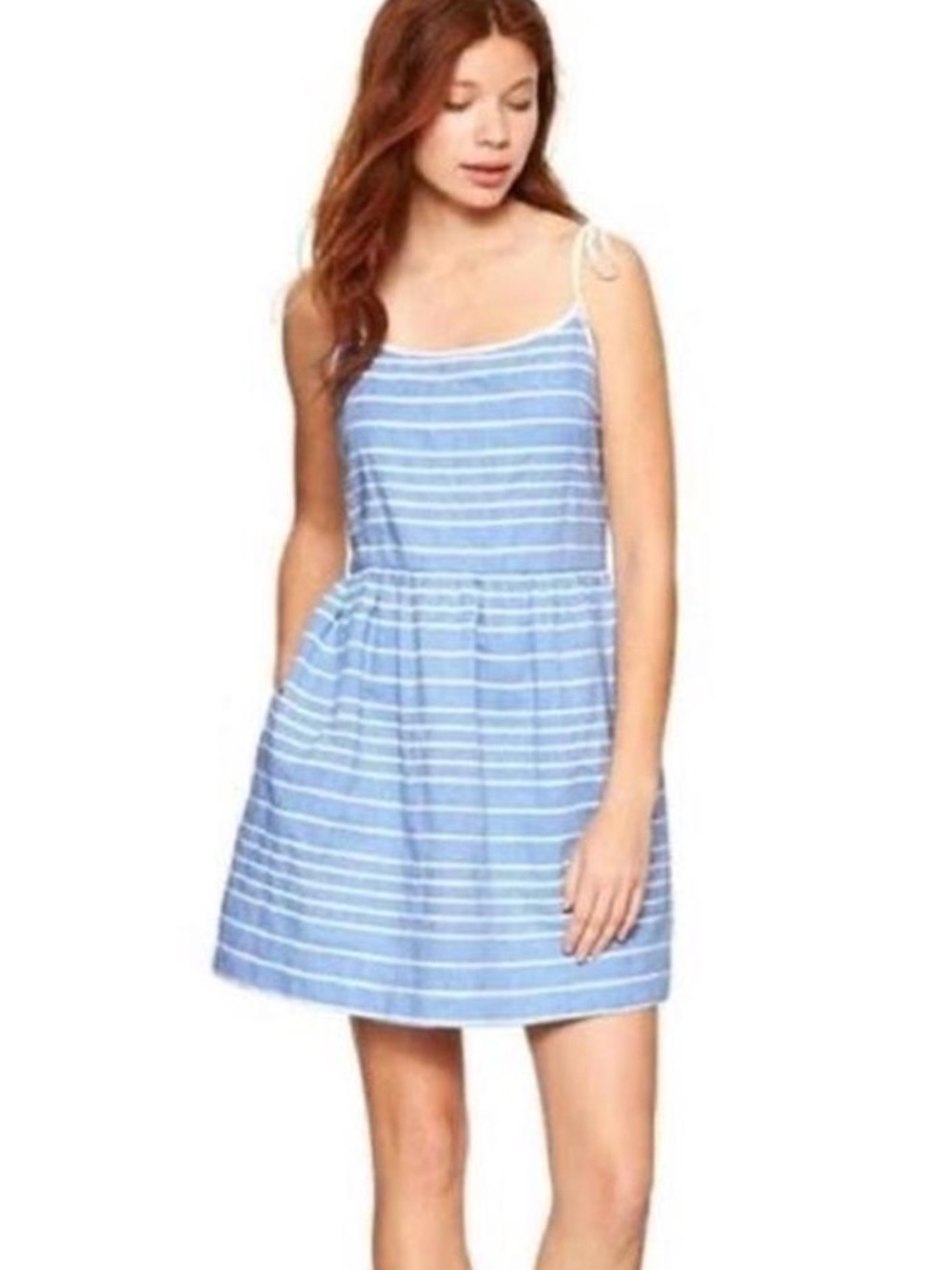 GAP Fit and Flare Barclay Blue White Striped Preppy Tie Shoulder Mini Dress 10